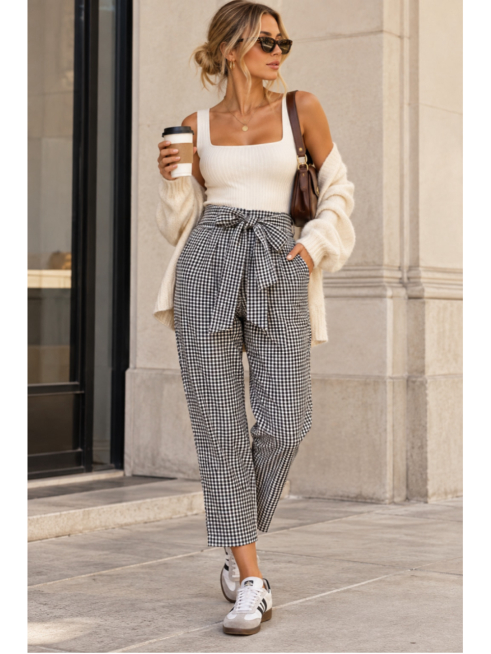 Free People Gingham Tie Waist High Rise Cropped Pants Black White